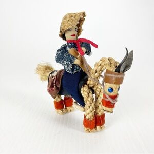 Vintage Handmade Doll on Braided Rope Horse Folk Art Figure